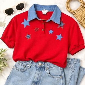 Vintage 90s Tan Jay Petite Star Appliqué Knit Top Red Blue Americana Size L